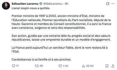 Sébastien Lecornu anuncia la muerte de Lionel Jospin