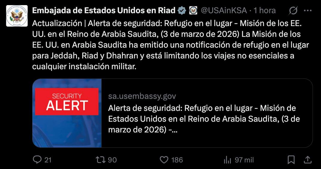 Ataque con drones de Irán sacude embajada de Estados Unidos en Arabia Saudí