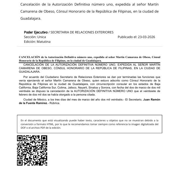 DOF sobre cancelación de SRE a Martín Camarena de Obeso.