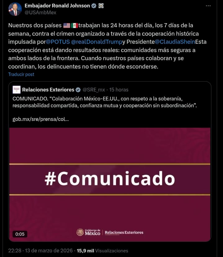 Ronald Johnson reconoce trabajo de Claudia Sheinbaum contra cárteles del narcotráfico.