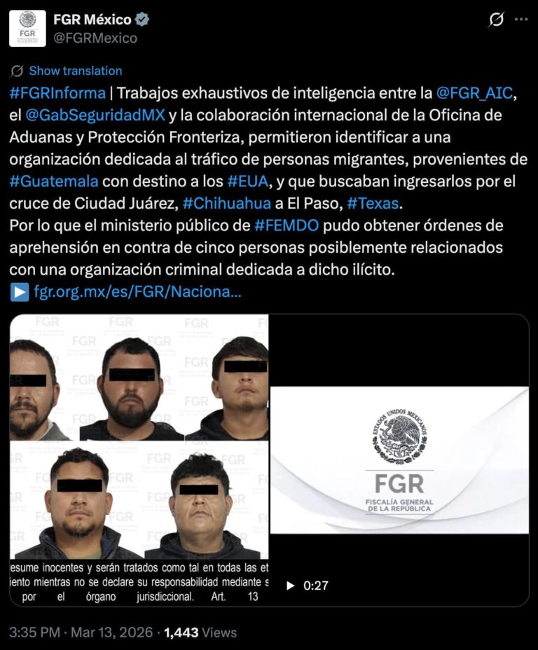 FGR ejecuta órdenes de aprehensión por tráfico de migrantes