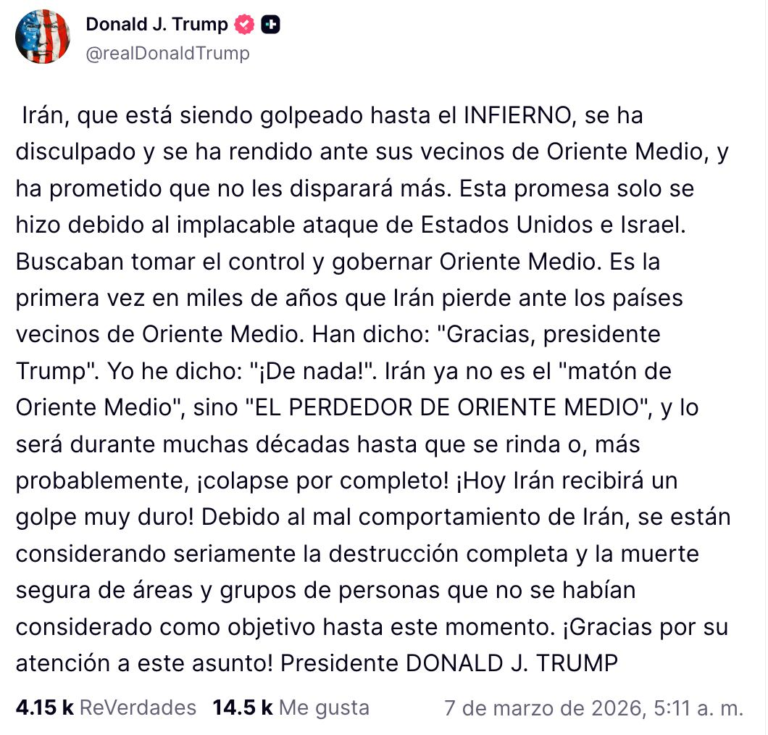 Trump afirma que Irán se ha rendido y lanza advertencia de ataque