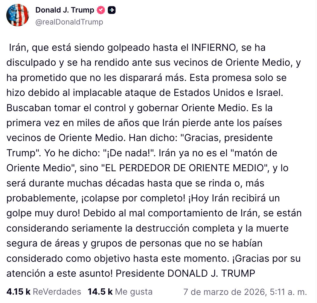 Trump afirma que Irán ya se rindió