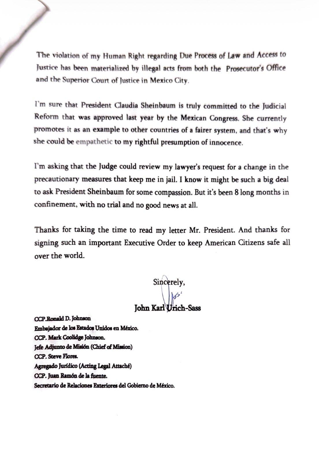 Carta de  John Urich-Sass, heredero de BACO