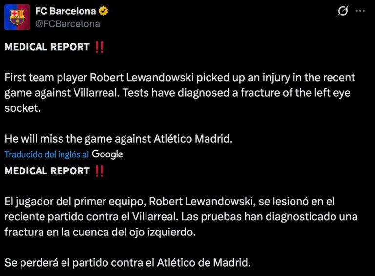 FC Barcelona confirma lesión de Lewandowski y no jugará ante Atlético en Copa del Rey