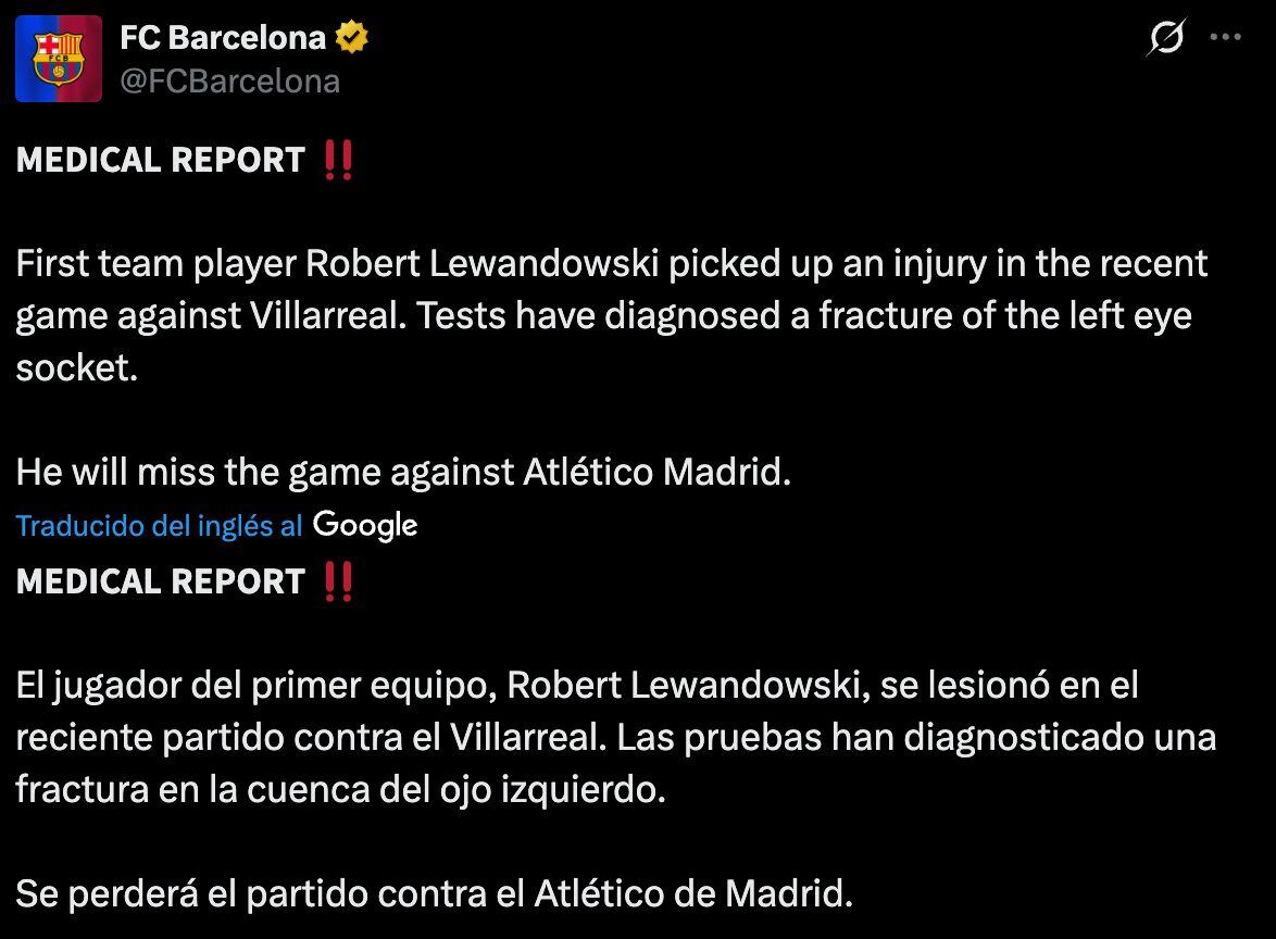 FC Barcelona confirma lesión de Lewandowski y no jugará ante Atlético en Copa del Rey