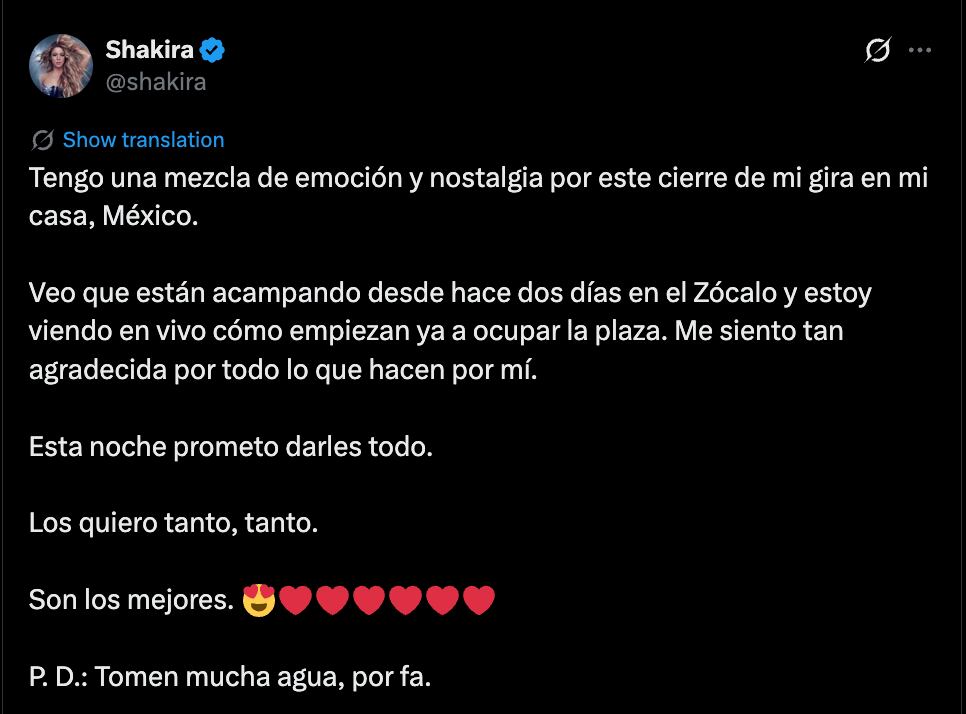 Shakira envía mensaje a fans que la esperan en el Zócalo de la CDMX
