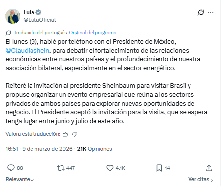 Sheinbaum viajará a Brasil a mediados de año tras invitación de Lula
