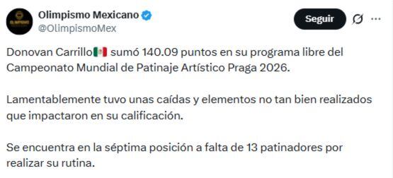 El mexicano Donovan Carrillo participó en la final del Mundial de Patinaje Artístico 2026.