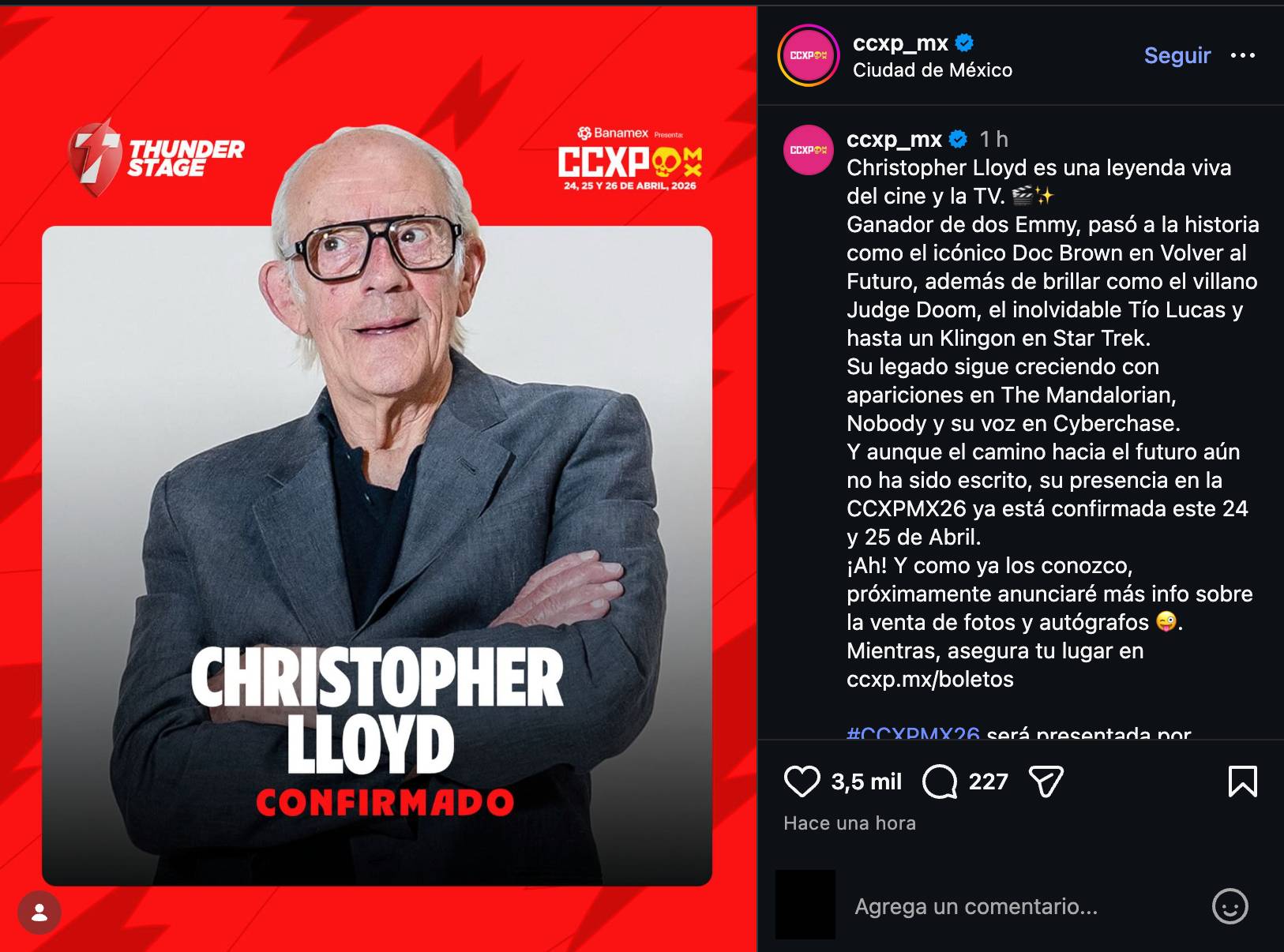 Christopher Lloyd vendrá a CCXP México 2026: fechas