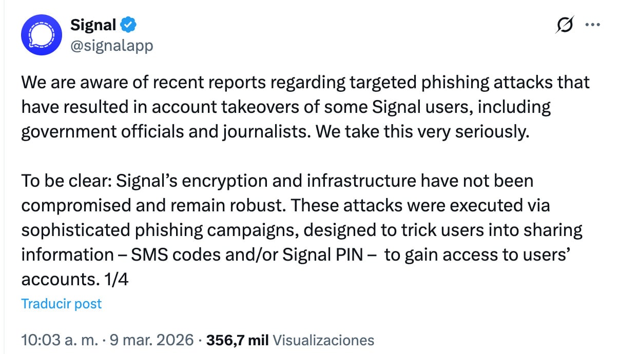 Signal alerta sobre ataques de phishing que buscan robar cuentas de usuarios