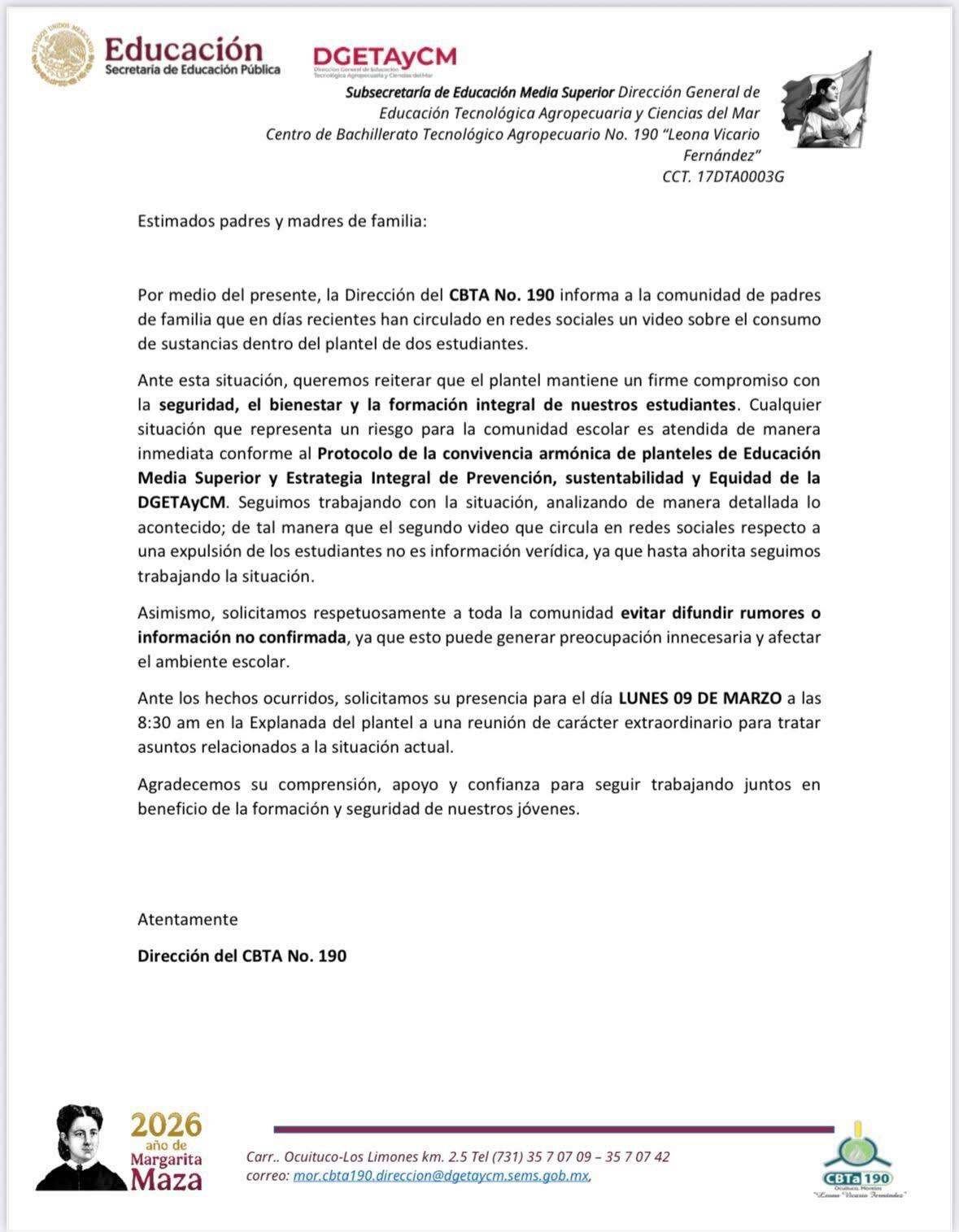 CBTA 190 responde a video de estudiantes que circula en redes sociales
