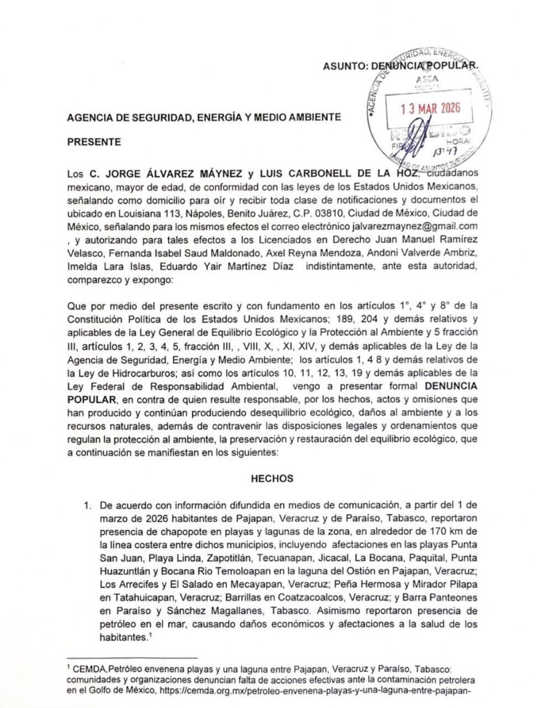 Movimiento Ciudadano presenta denuncia por derrame de petróleo en Veracruz