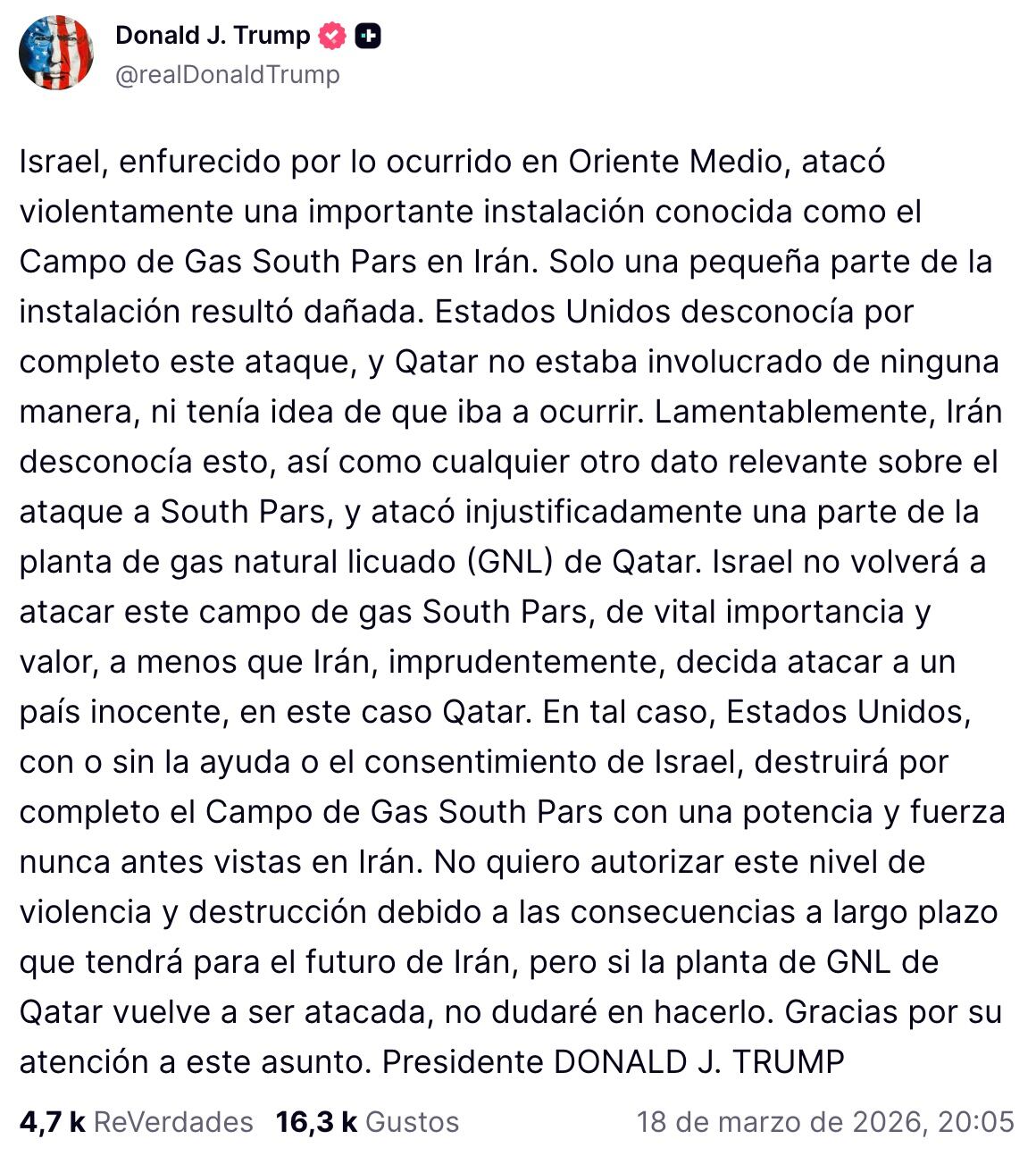 Donald Trump sobre ataque a campo de gas de Irán