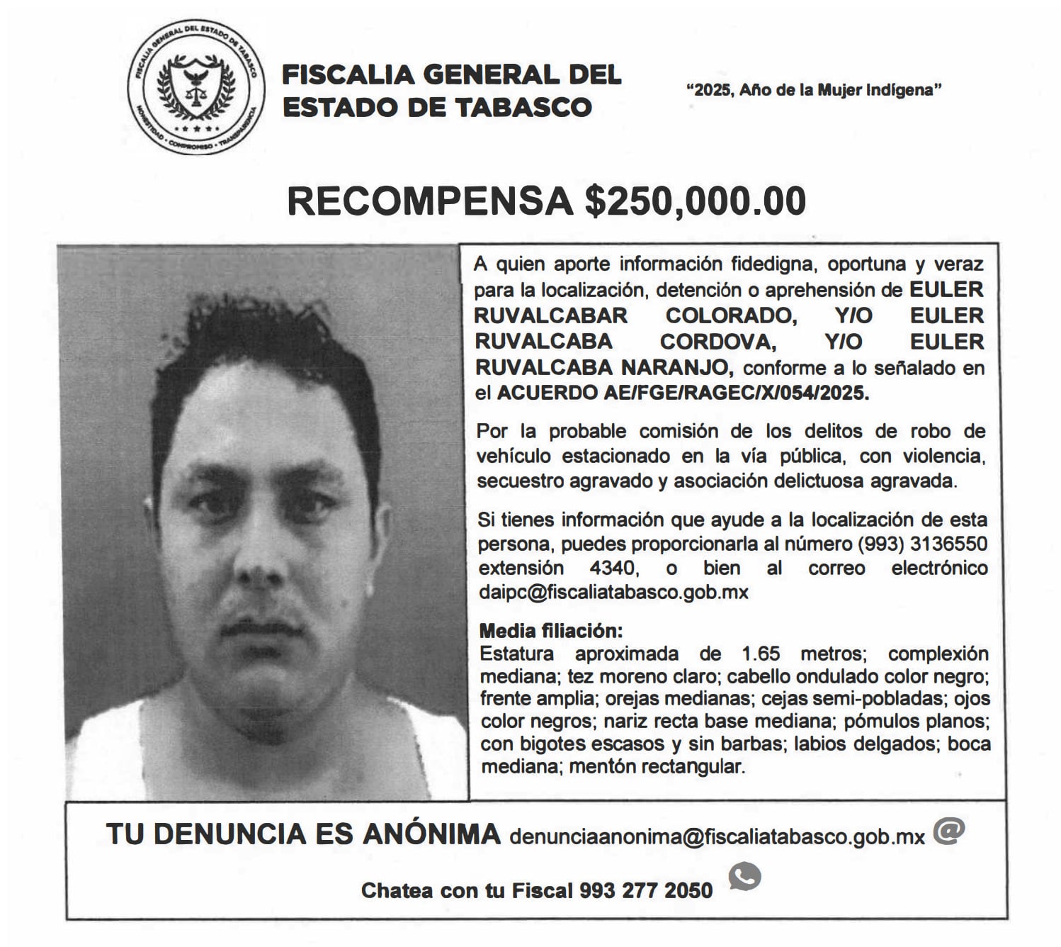 Euler Rubalcaba: Fiscalía de Tabasco ofrece 250 mil pesos por su paradero