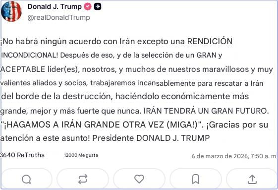 Trump exige “rendición incondicional” de Irán para un acuerdo