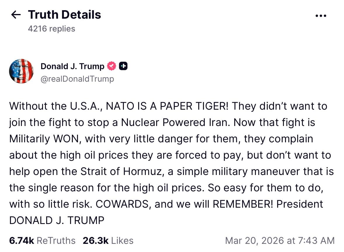 Trump llama ‘cobardes’ a la OTAN por decisión en Ormuz