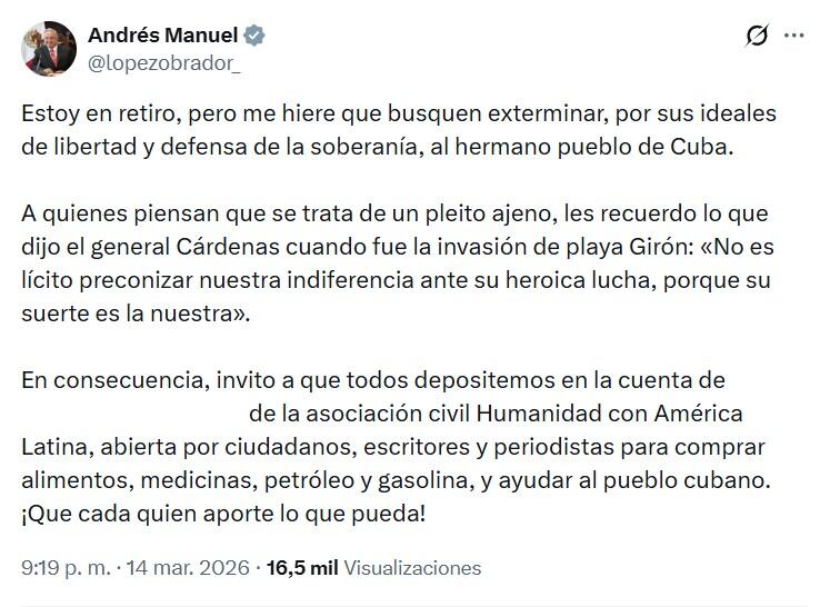 AMLO reaparece con llamado de ayuda para el pueblo de Cuba