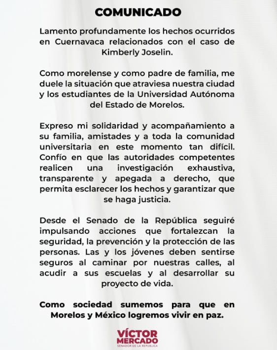 Tras la desaparición de Kimberly Ramos, senador pide seguridad para jóvenes