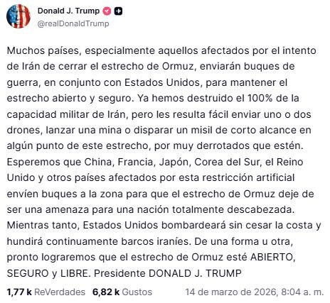 Donald Trump enviará buques de guerra para mantener abierto el estrecho de Ormuz