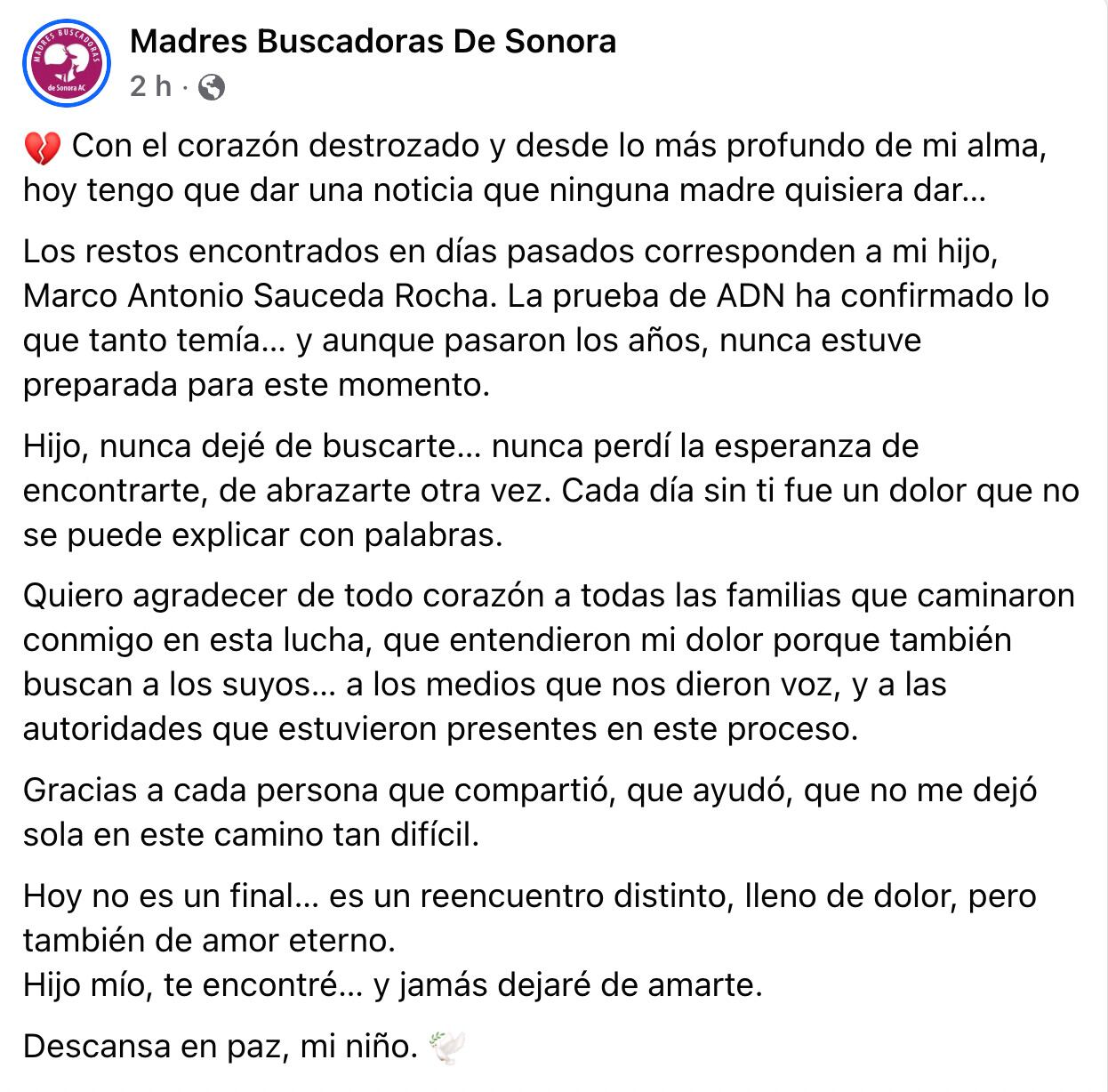 Ceci Flores sobre confirmación de identidad de Marco Sauceda