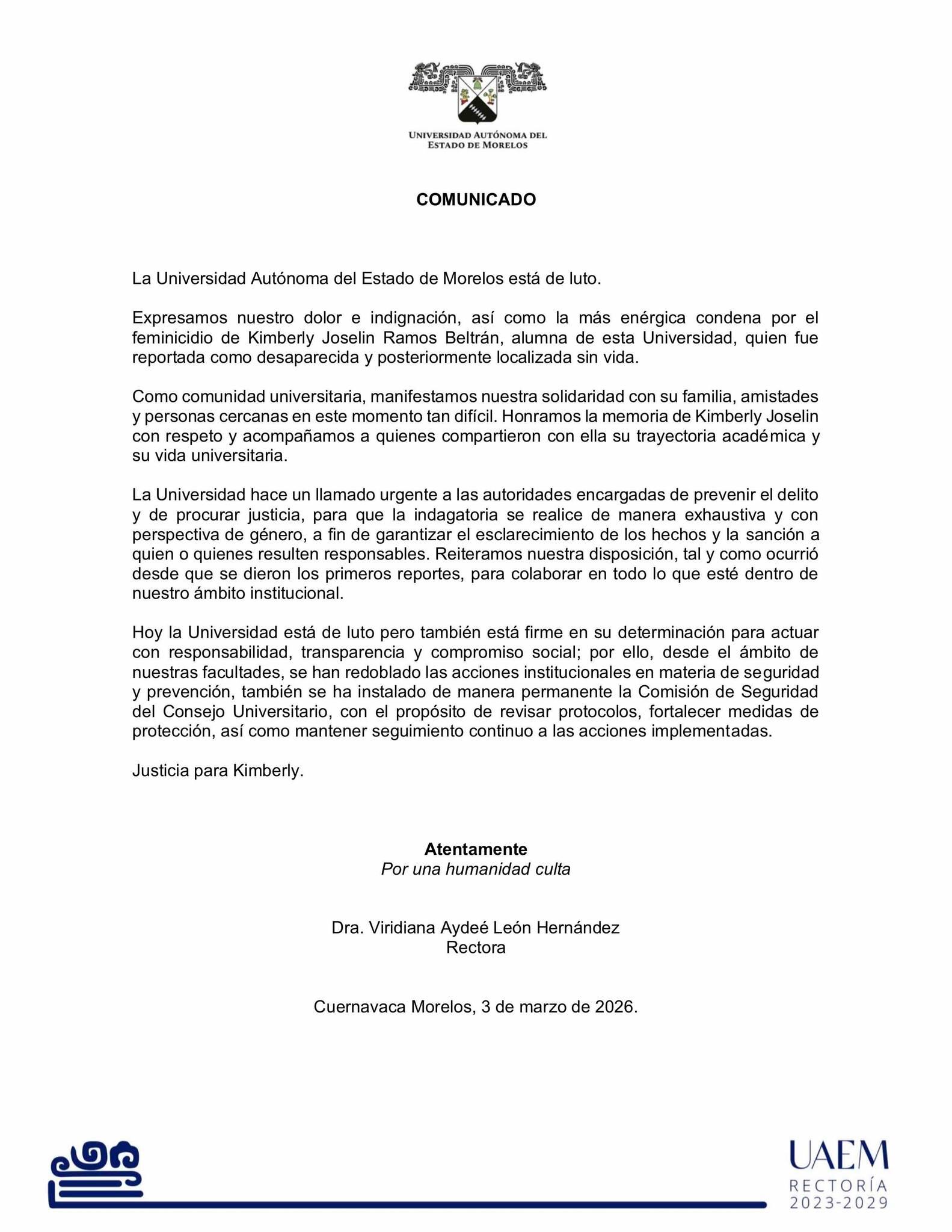 UAEM expresa luto y exige justicia por Kimberly Ramos