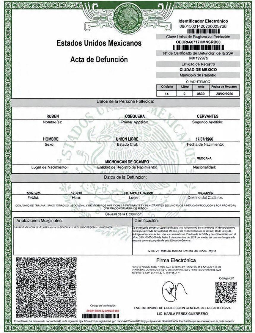 Acta de defunción confirma que El Mencho murió por múltiples disparos