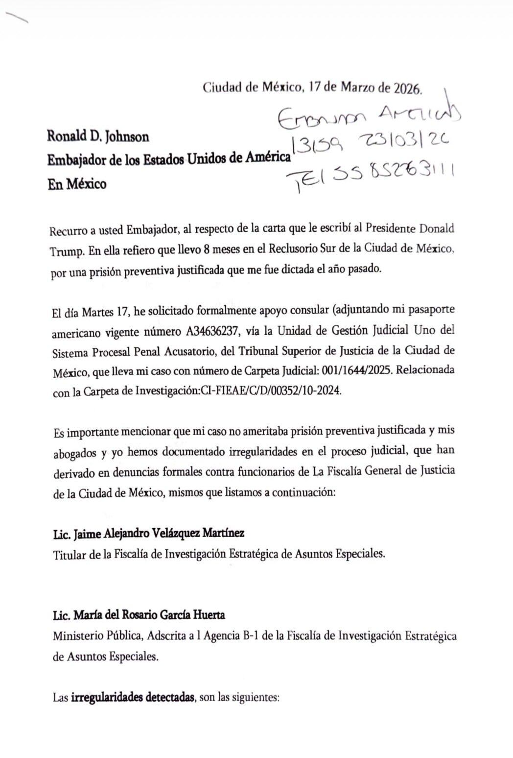 Carta de  John Urich-Sass, heredero de BACO