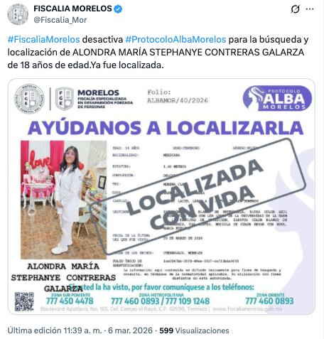 Localizan con vida a Stephanye Contreras, estudiante desaparecida de la UAEM