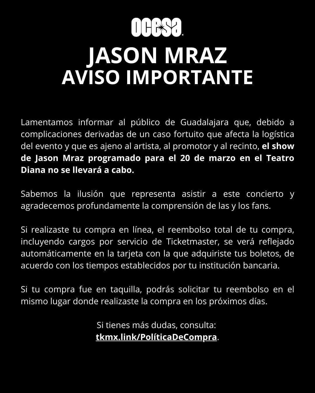 Jason Mraz cancela concierto en Guadalajara; OCESA hará reembolsos