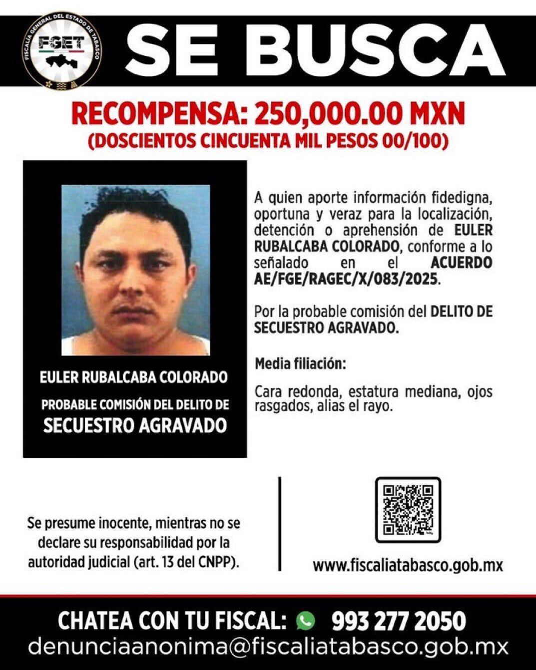 Ofrecen 250 mil pesos por Euler Rubalcaba, presunto líder de La Barredora