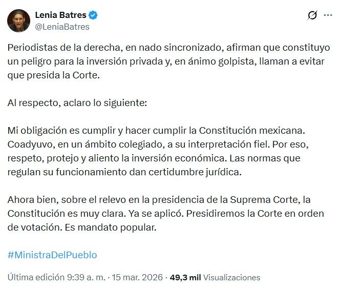 Lenia Batres reitera que será ministra presidenta de la SCJN