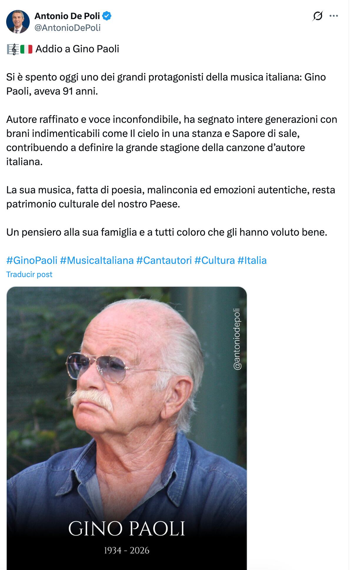 Despiden a Gino Paoli tras su muerte a los 91 años de edad