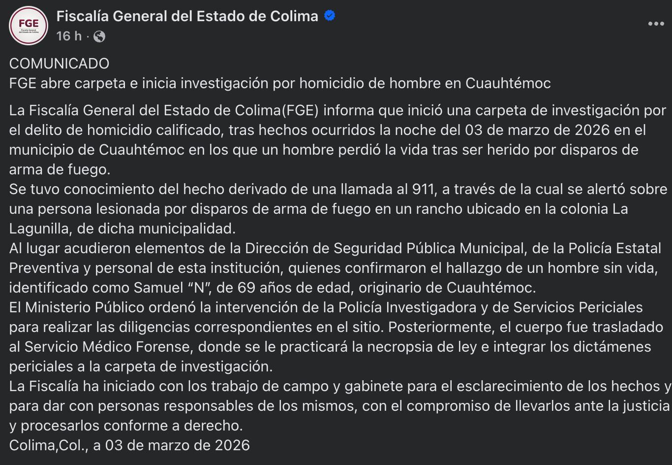 Fiscalía del Estado de Colima se pronuncia tras la muerte de Samuel González Rodríguez