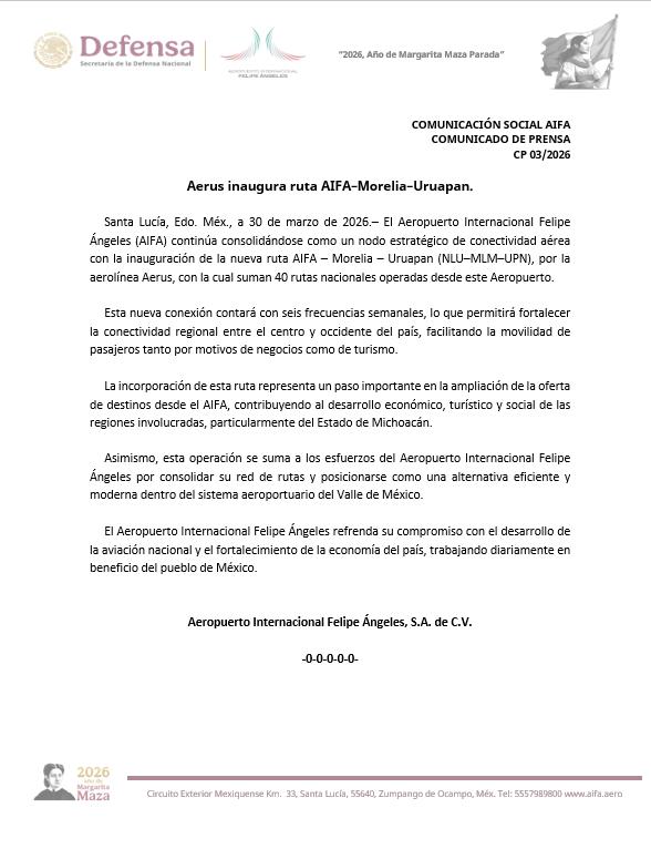 Aerus inaugura ruta aérea AIFA-Morelia-Uruapan