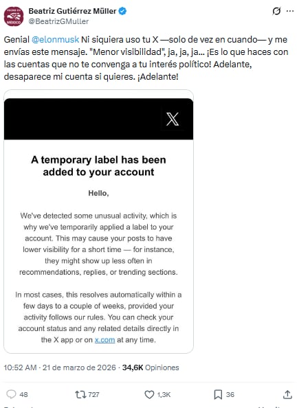 Beatriz Gutiérrez Müller cuestiona a Elon Musk tras bloqueo en X
