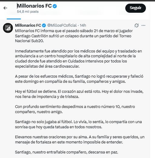 Así despide Millonarios a su exjugador