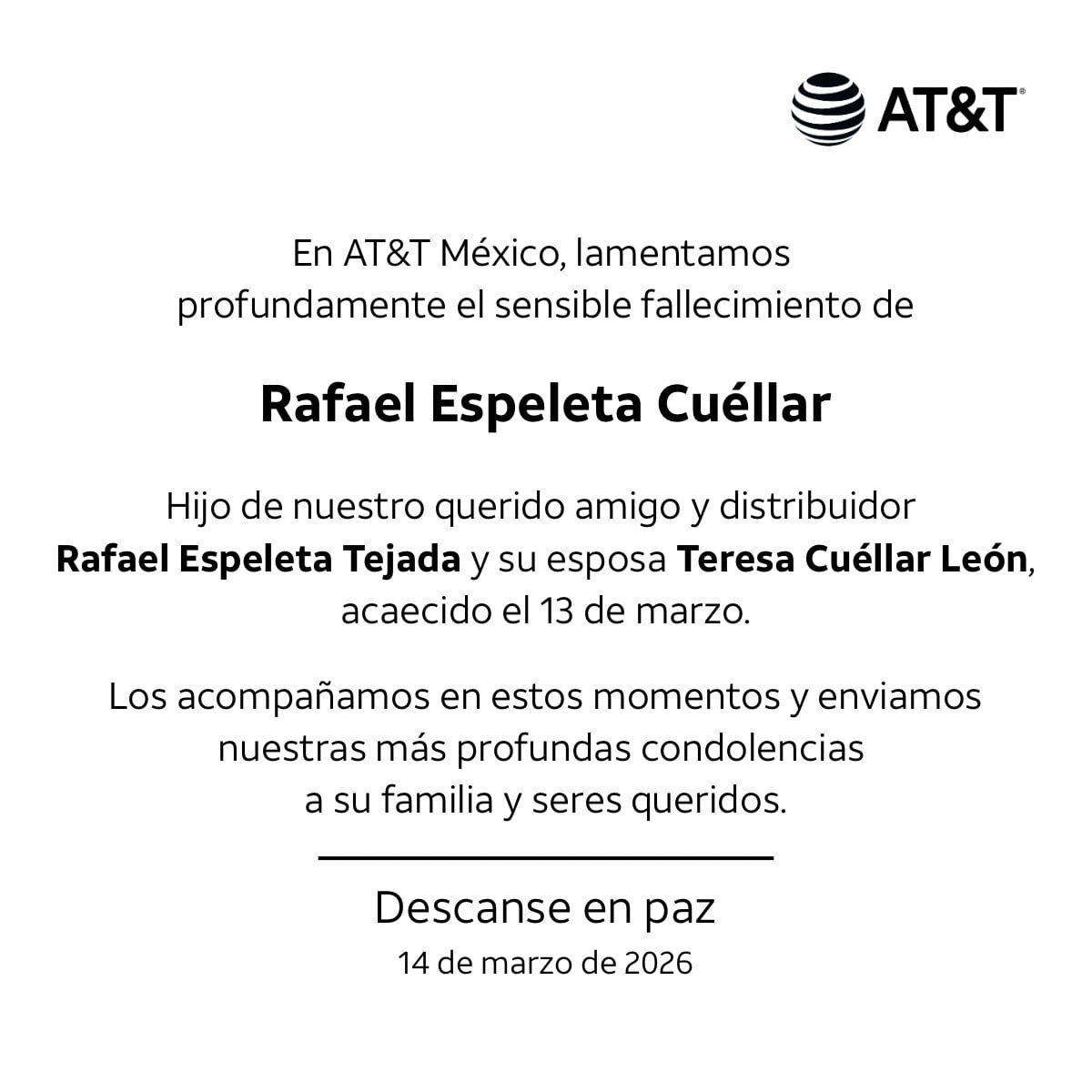 AT&T México lamenta muerte del hijo de Rafael Espeleta en accidente en Valle de Bravo