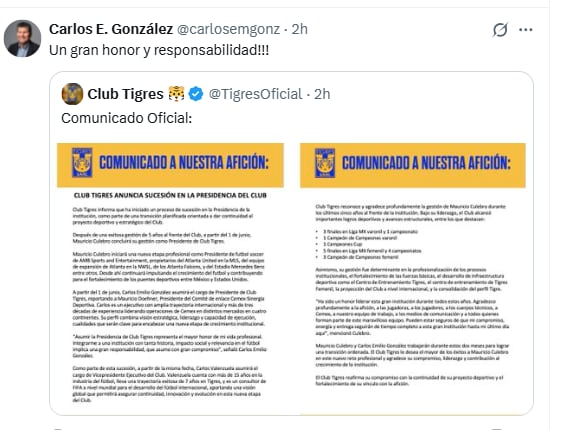 Carlos Emilio González, nuevo presidente de Tigres