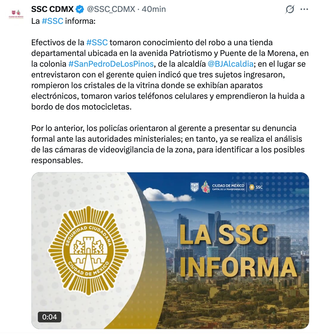 SSC atiende asalto en Sanborns Metrópoli Patriotismo