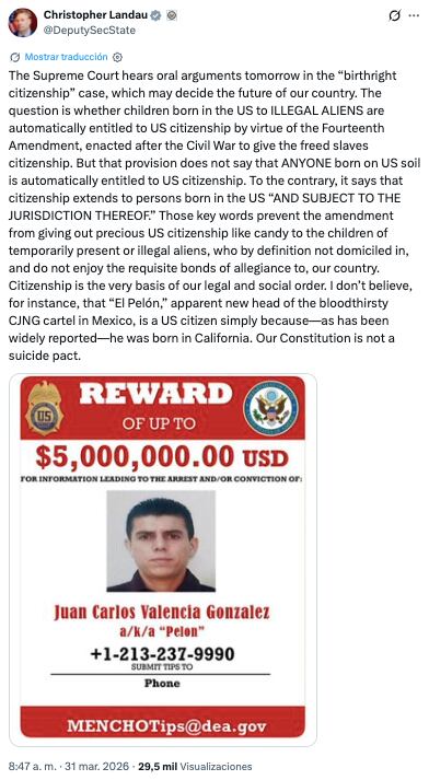 Juan Carlos Valencia no debe ser considerado ciudadano estadounidense, dice el Subsecretario de Estado