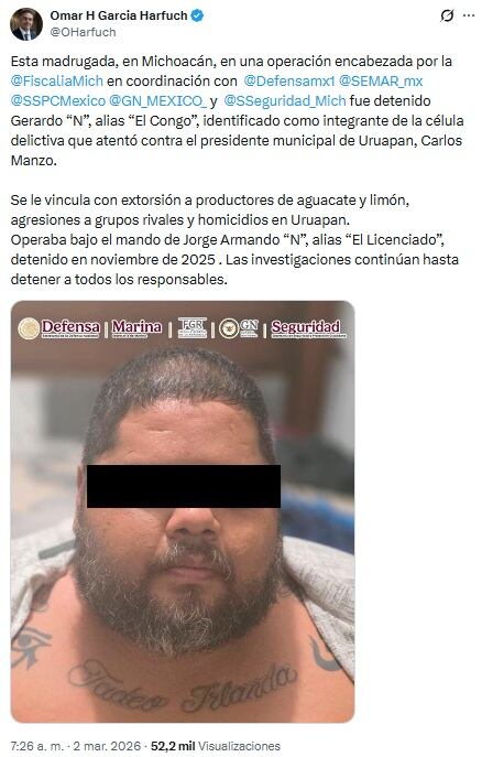 Capturan a ‘El Congo’ en Michoacán; lo ligan a asesinato de Carlos Manzo