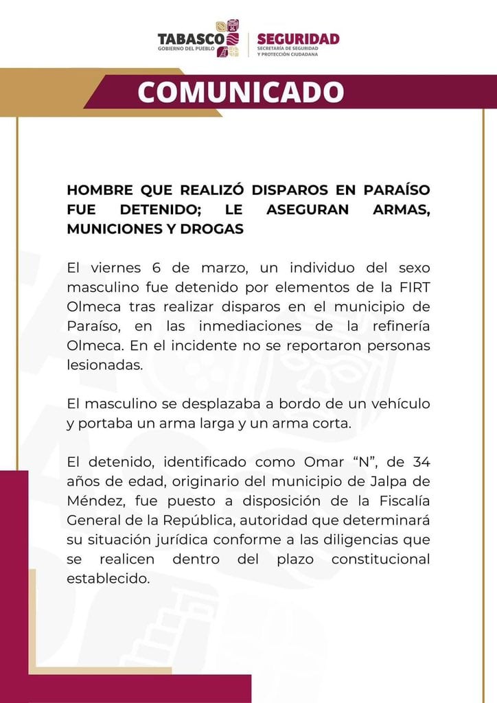 Disparos en la Refinería Dos Bocas: detienen a hombre con chaleco del CJNG