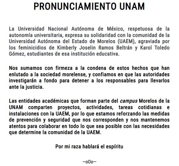 UNAM condena feminicidios de Kimberly Joselin Ramos Beltrán y Karol Toledo Gómez, estudiantes de la UAEM