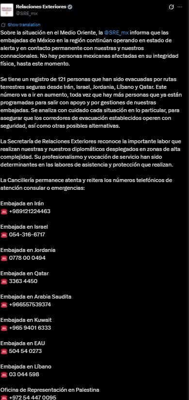 México evacúa a 121 connacionales; embajadas en Medio Oriente siguen en alerta