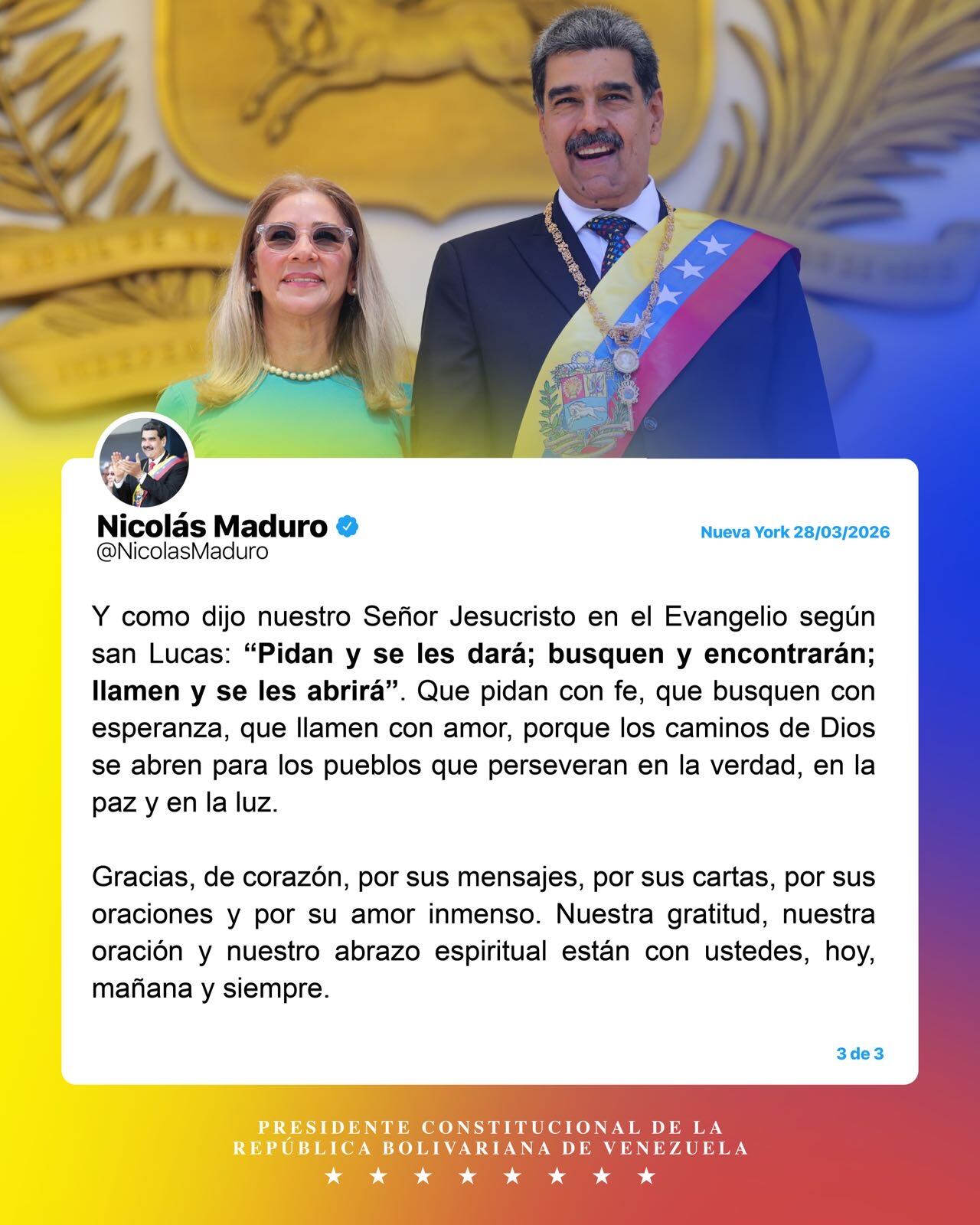 Mensaje de Nicolás Maduro y Cilia Flores