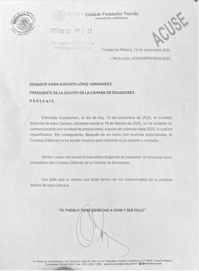 Oficio de renuncia de Fernández Noroña al Consejo Editorial del Senado