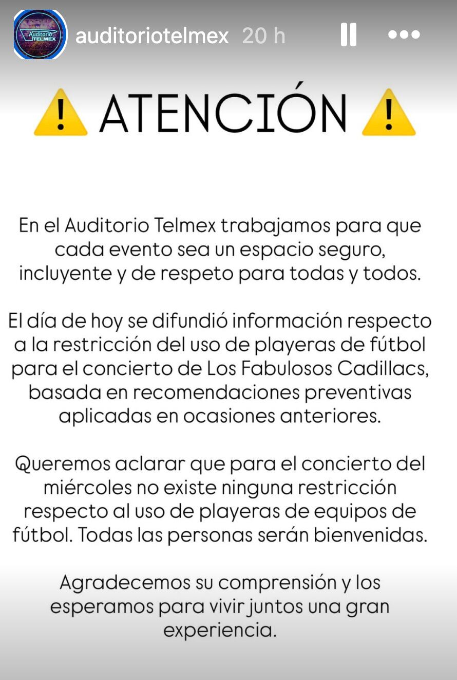 Auditorio Telmex quita veto de playeras de futbol en concierto de Los Fabulosos Cadillacs