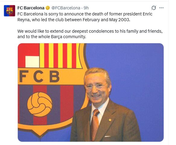 El FC Barcelona anuncia la muerte de su expresidente Enric Reyna