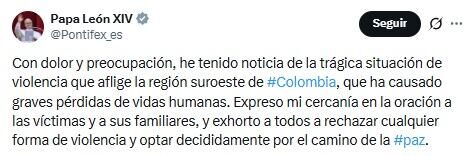 Papa León XIV pide que la violencia en Colombia termine.